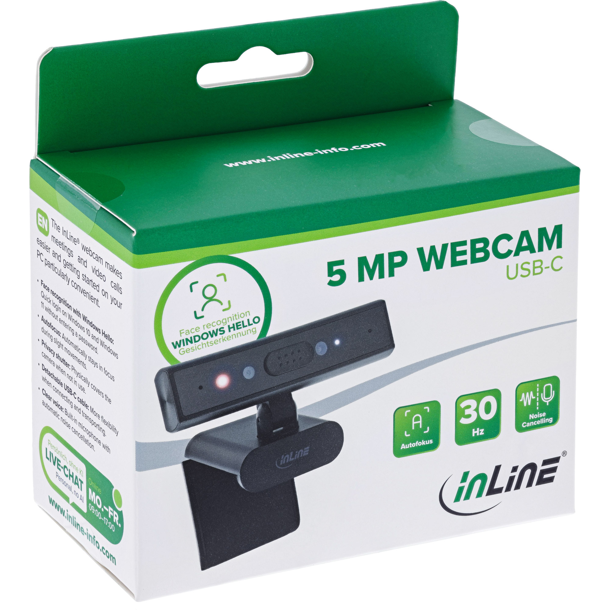 InLine 5MP Webcam USB-C Autofokus Windows Hello Privacy-Shutter Schwarz