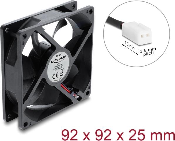 Delock Axiallüfter 48 V DC, 92 x 92 x 25 mm mit 2 Pin Lüfteranschluss schwarz (67447)