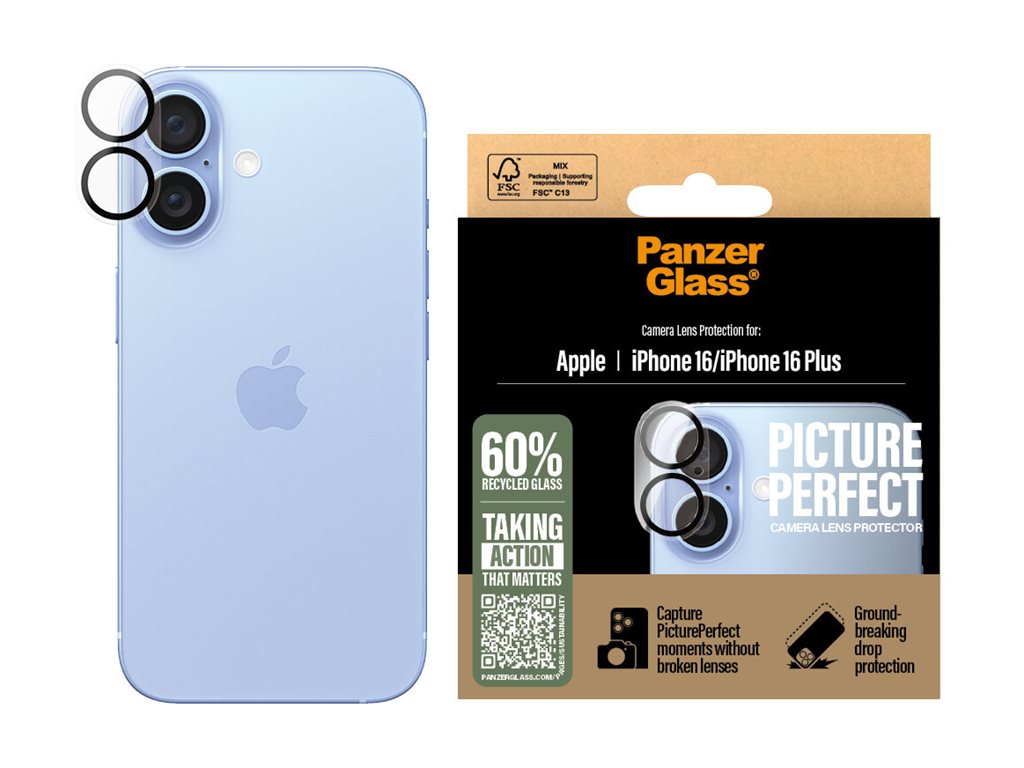 PanzerGlass PicturePerfect Objektivschutz für iPhone 16 | 16 Plus Schwarz, Transparent