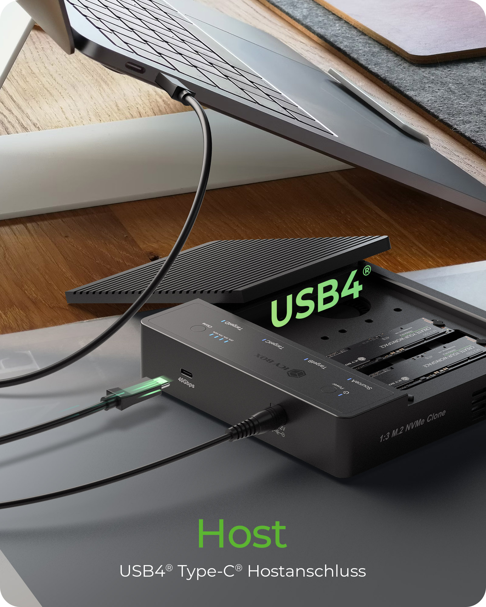 ICY BOX CloneStation IB-4013MCL-C4 Dockingstation SSD-Duplikator M.2 NVMe USB 4 Schwarz