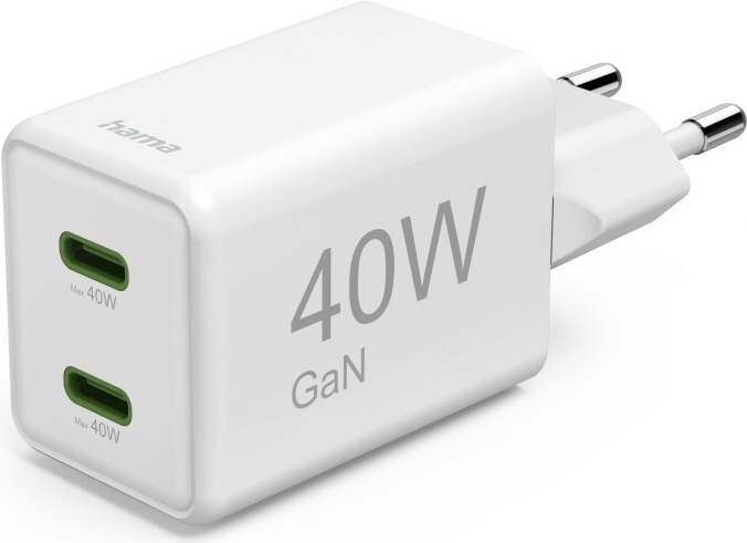 Hama Schnellladegerät, GaN, 2x USB-C, Super-Mini-Ladegerät, PD, 40 W, Weiß (00201989)