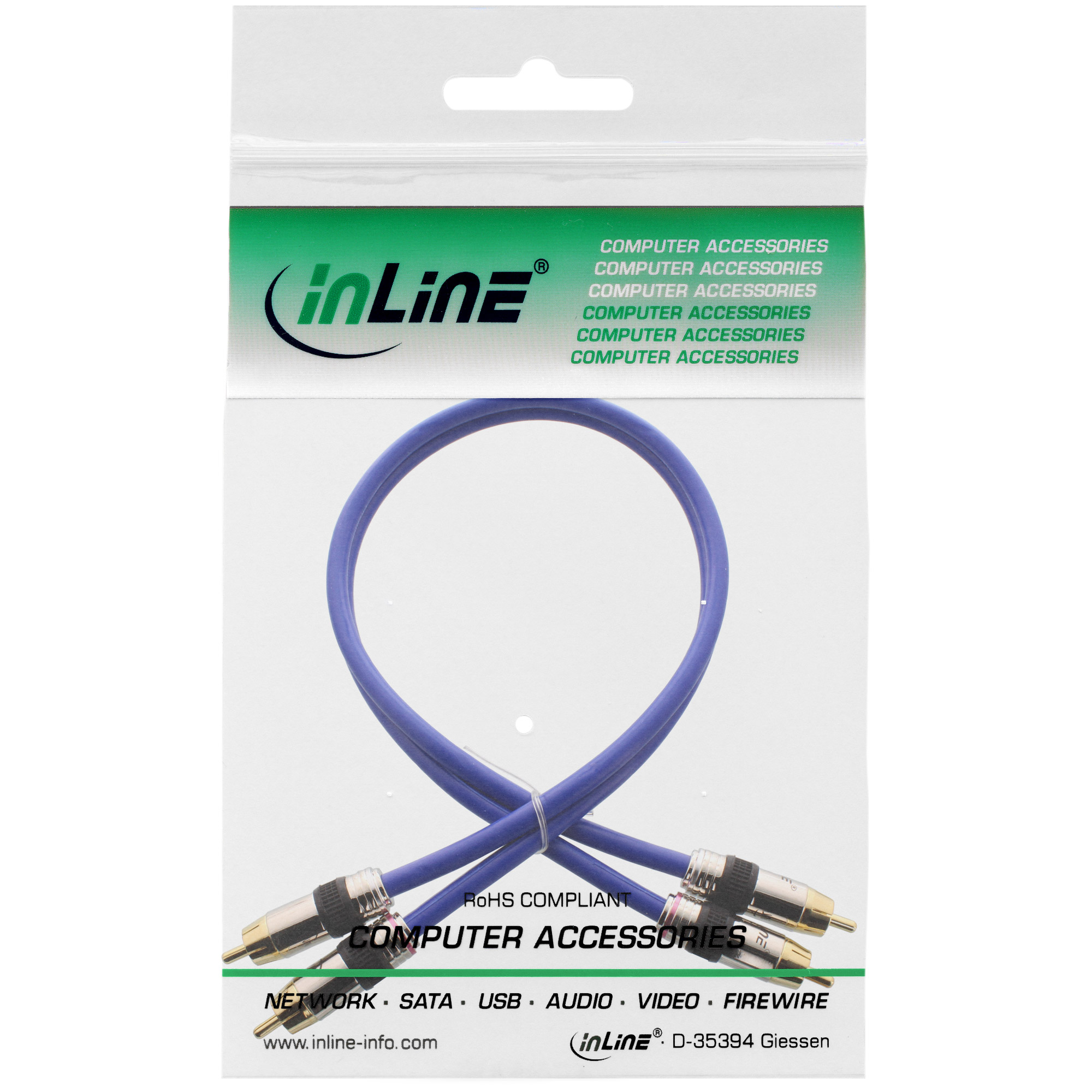 InLine Premium Audiokabel 2x RCA Stecker 15 m doppelt geschirmt vergoldet Blau