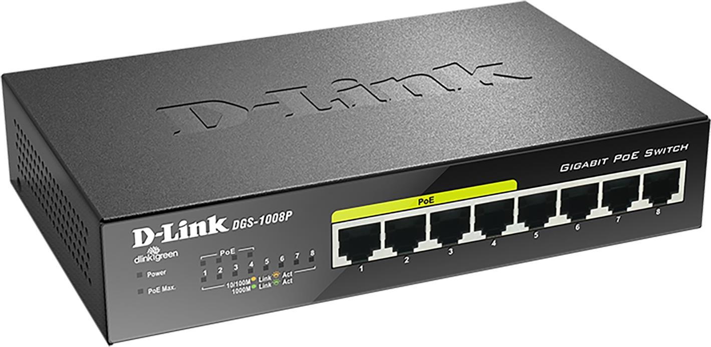 D-Link DGS 1008P Unmanaged Switch 8 Ports 4x PoE Gigabit Ethernet Schwarz