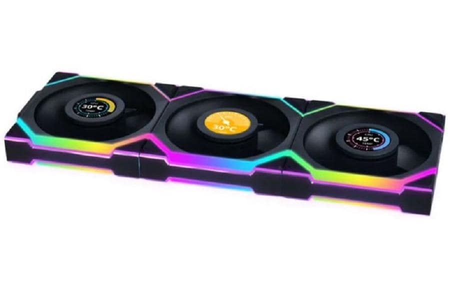 Lian Li UNI FAN SL Wireless LCD 120 mm ARGB PWM Gehäuselüfter 3er-Pack inkl. Controller Reverse Blade Schwarz