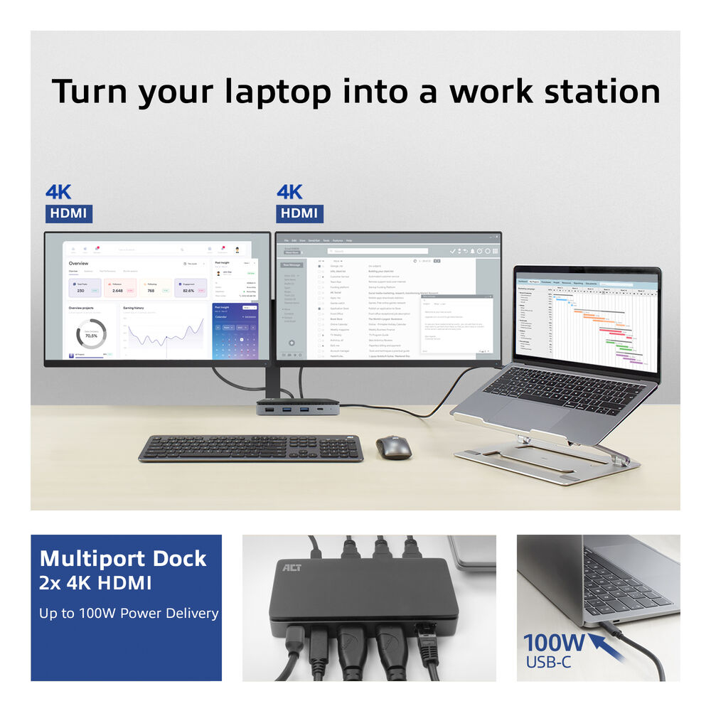 ACT AC7093 USB-C 3.2 Gen 1 Dockingstation 2x HDMI 4K MST Gigabit Ethernet 100 W PD Schwarz, Grau