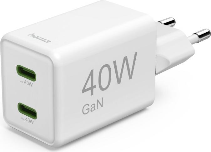 Hama Schnellladegerät, GaN, 2x USB-C, Super-Mini-Ladegerät, PD, 40 W, Weiß (00125146)