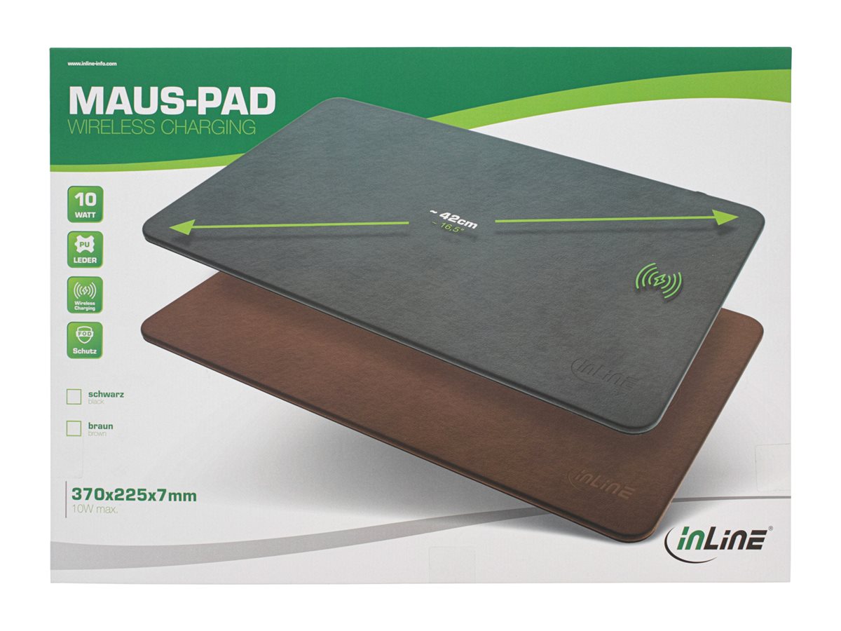 InLine Mauspad mit Wireless Charging (Qi), 10 W, Kunstleder, 370x225x7mm, Schwarz