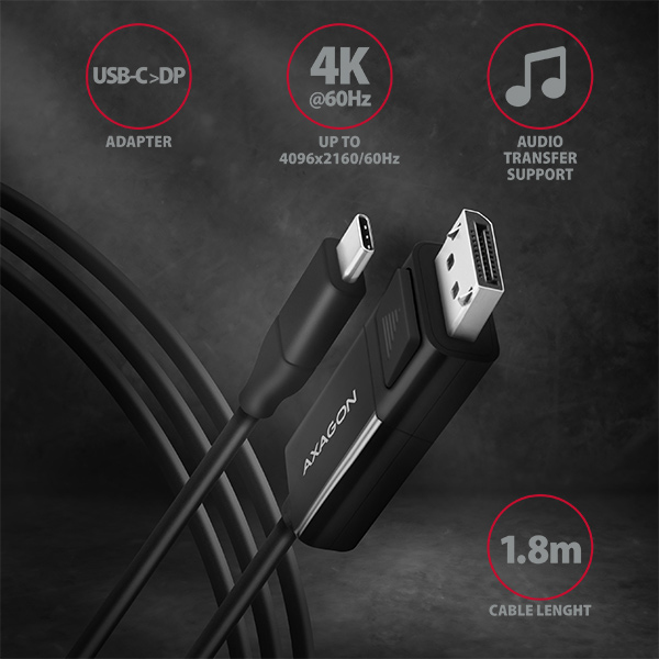 Axagon RVC-DPC Videokabel-Adapter USB Typ-C auf DisplayPort 1,8 m 4K/60Hz Schwarz