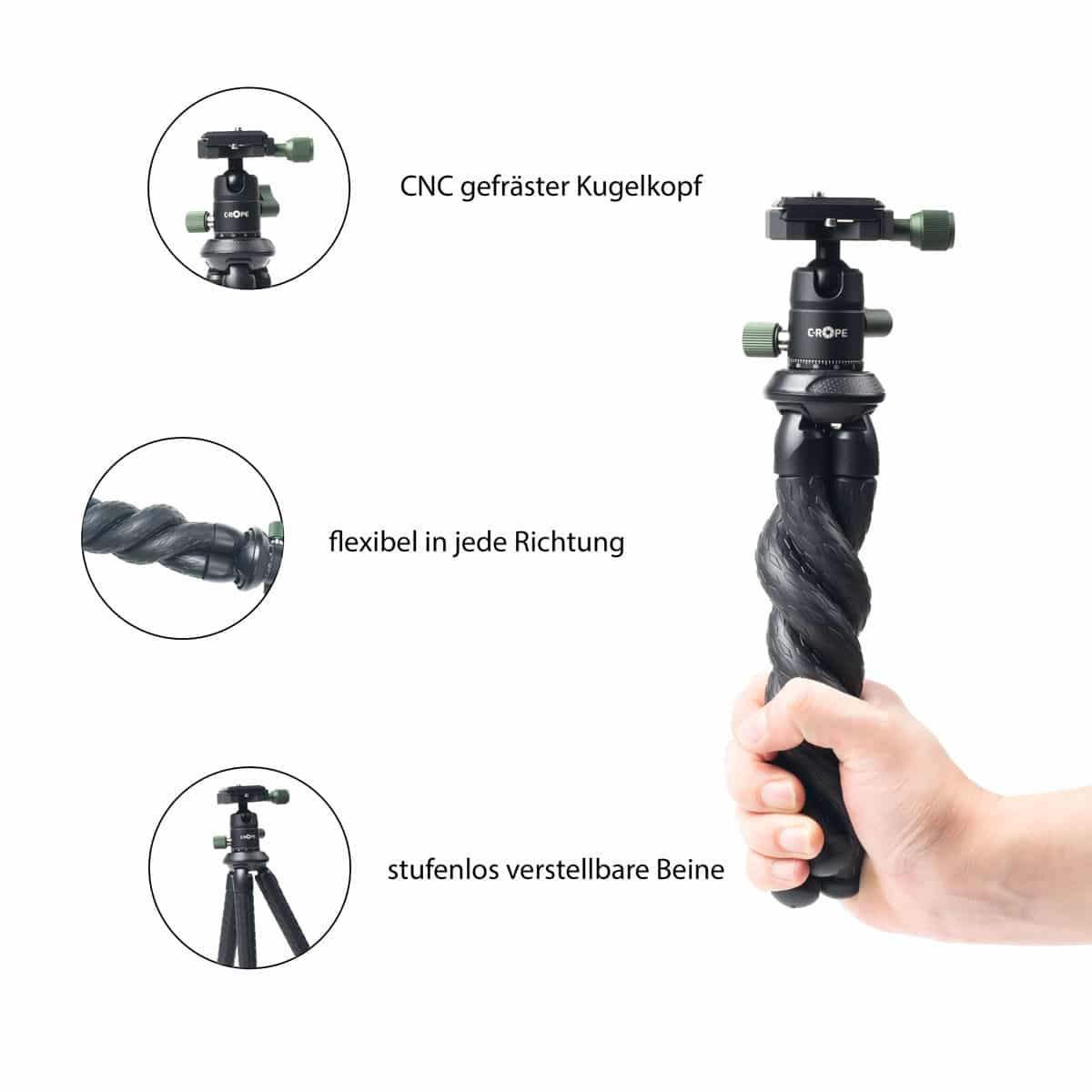 C-ROPE Creatorpod Flexibles Stativ 28 cm 360° Kugelkopf Schwarz