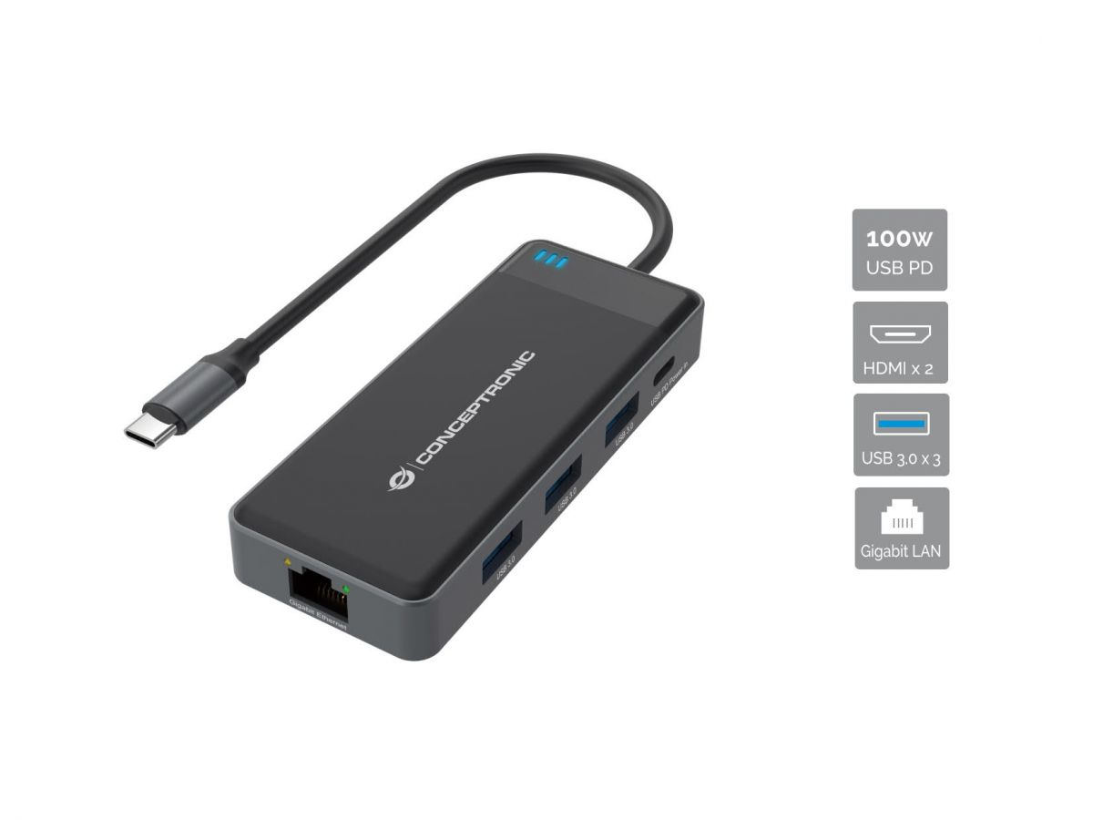 Conceptronic DONN14G Dockingstation USB-C 2x HDMI GbE 100 W PD Grau