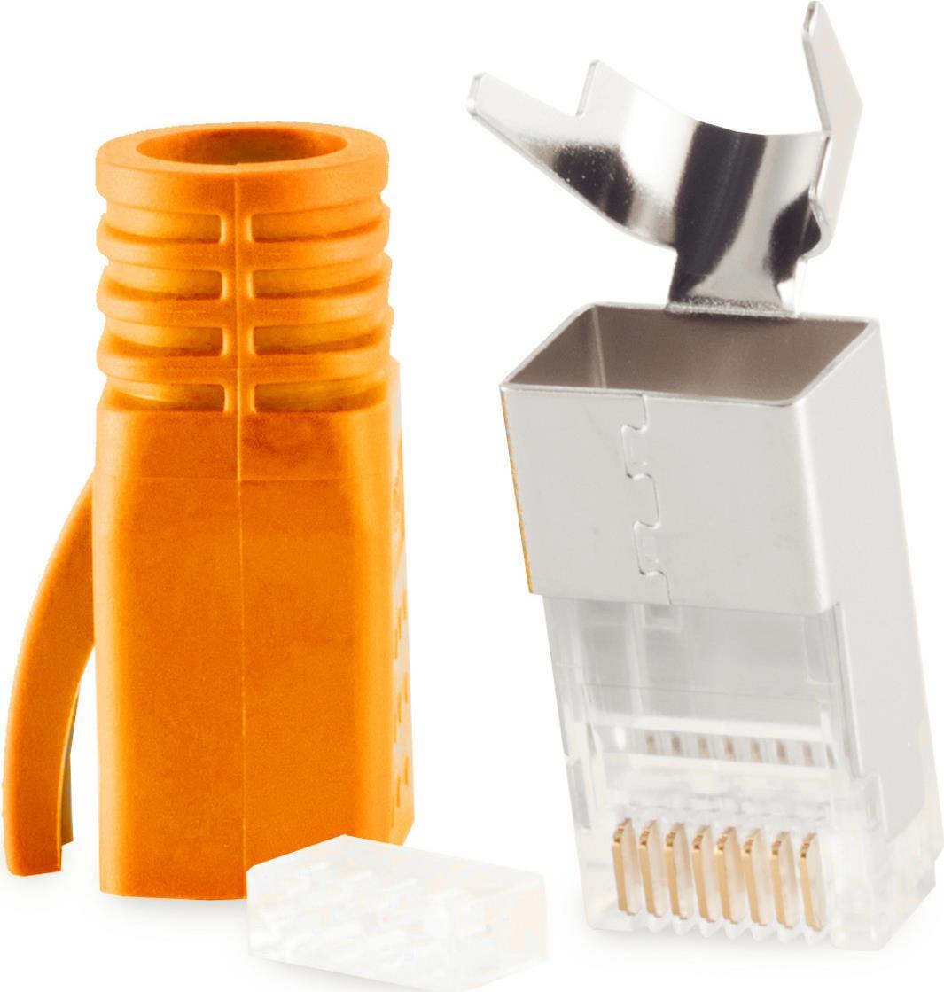 shiverpeaks ®-BASIC-S--Netzwerk Modular Stecker RJ45 SET für Verlegekabel bis AWG 23, Stecker mit Zugentlastung, Einführhilfe und Tülle, Orange VE 1 (BS72067-O)