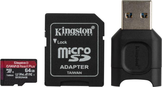KINGSTON 64GB microSDXC React Plus SDCR2 w/Adapter + MLPM Reader (MLPMR2/64GB)