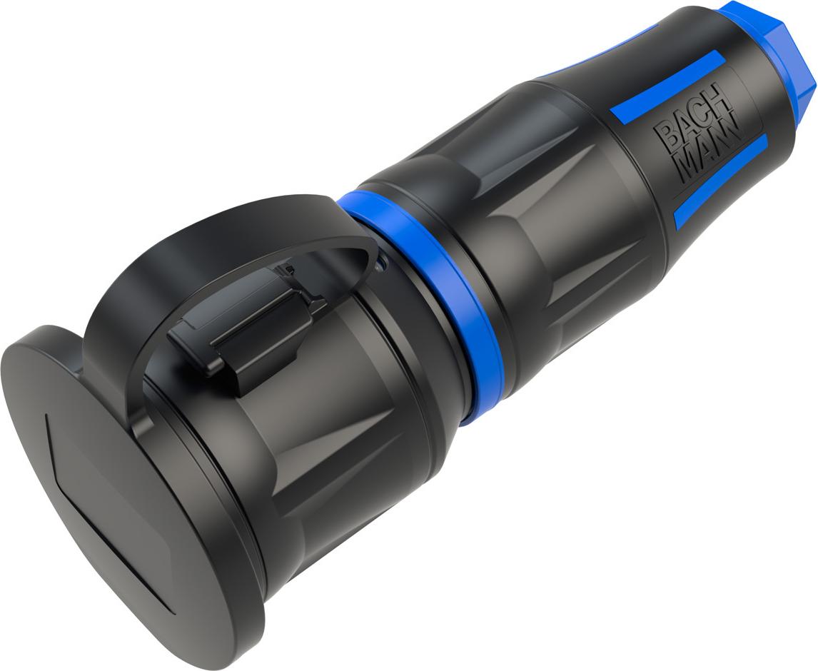 BACHMANN Profi-Schutzkontaktkupplung CEE7/3, Deckelband, gummiert, Power-LED, IP54, schwarz / blau (BM0017350)