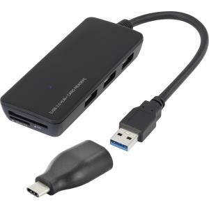 renkforce 3 Port USB 3.0-Hub mit USB Type-C™ Adapter mit eingebautem SD-Kartenleser Schwarz