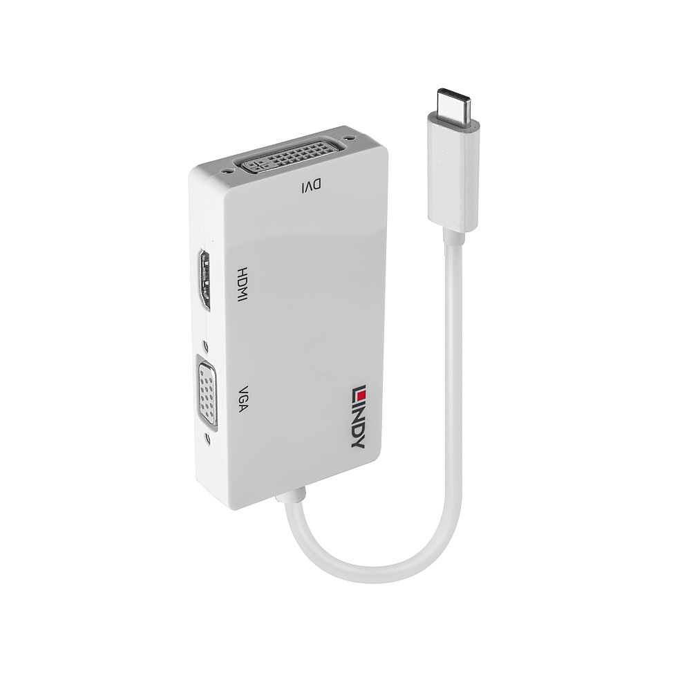 Lindy 43273 USB-C 3.1 Videokonverter auf HDMI, DVI und VGA Weiß