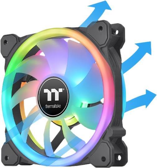 Thermaltake SWAFAN 12 RGB. Typ: Ventilator, Lüfterdurchmesser: 12 cm, Rotationsgeschwindigkeit (min.): 500 U/min, Rotationsgeschwindigkeit (max.): 2000 U/min, Geräuschpegel (hohe Geschwindigkeit): 30,5 dB, Maximaler Luftstrom: 53,02 cfm, Maximum Luftdruck: 2,58 mmH2O. Produktfarbe: Schwarz (CL-F137-PL12SW-A)