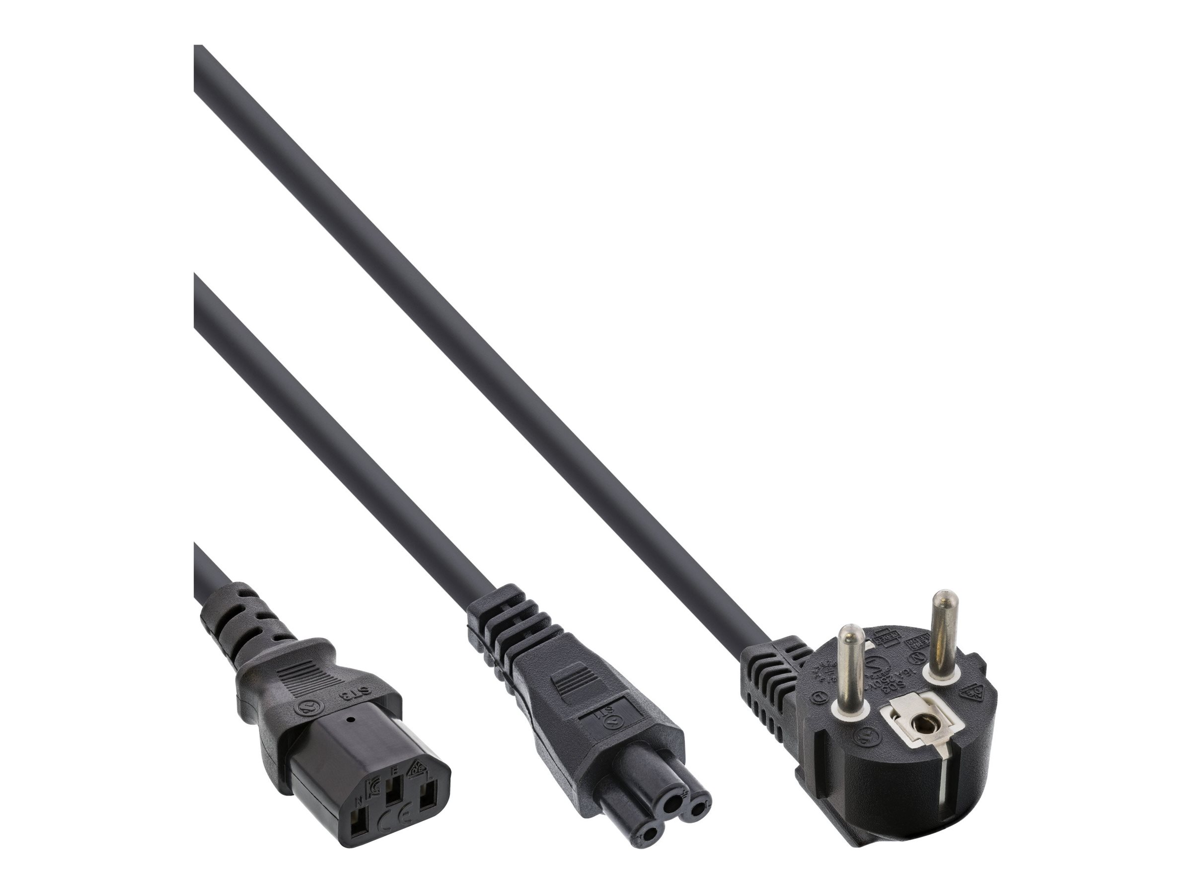 InLine Netz-Y-Kabel, CEE 7/7 auf IEC C13 und C5, 90° gewinkelt, 2 m, Schwarz