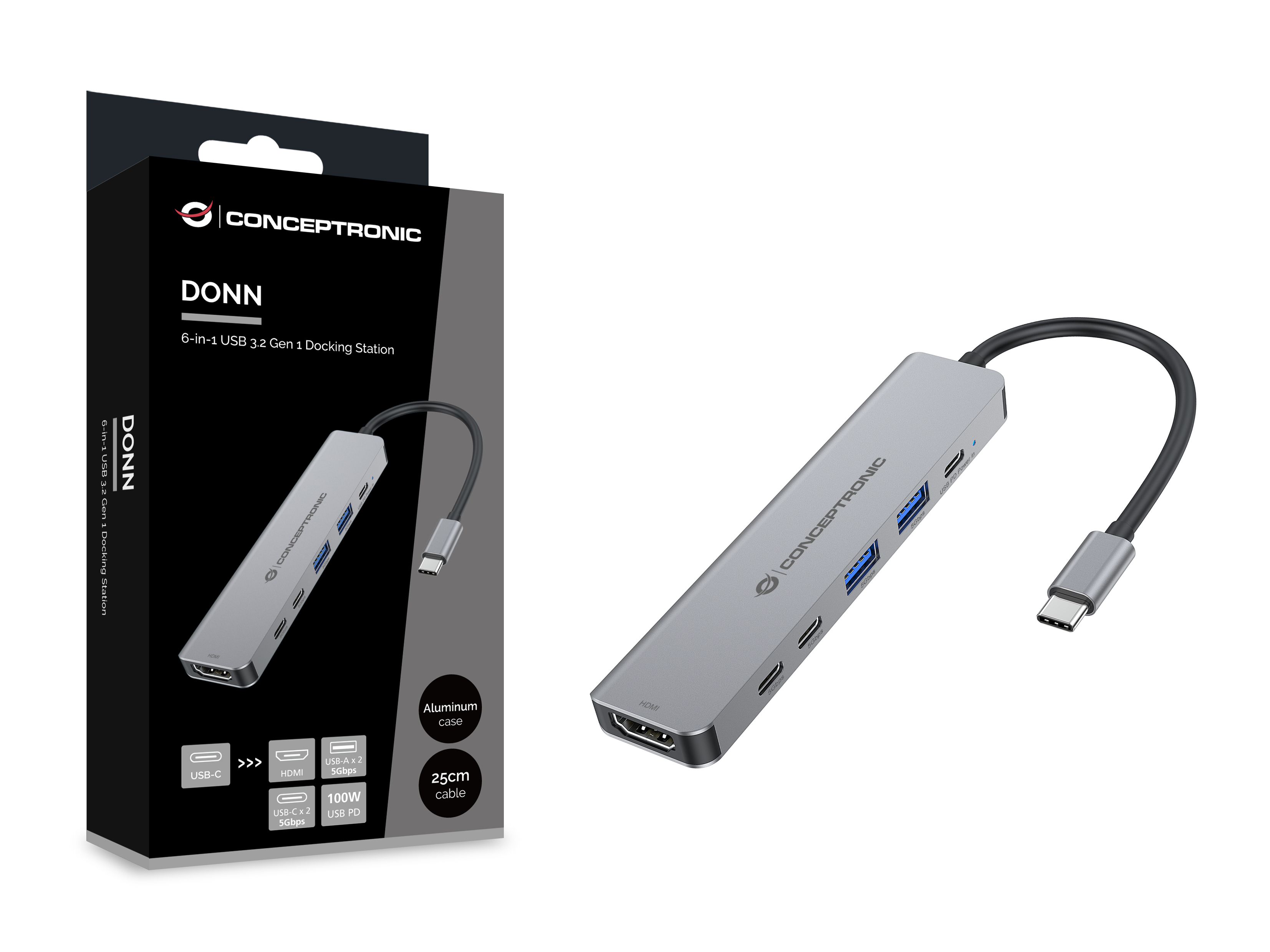 Conceptronic DONN33G 6-in-1 Dockingstation HDMI 2x USB-A 2x USB-C Silber