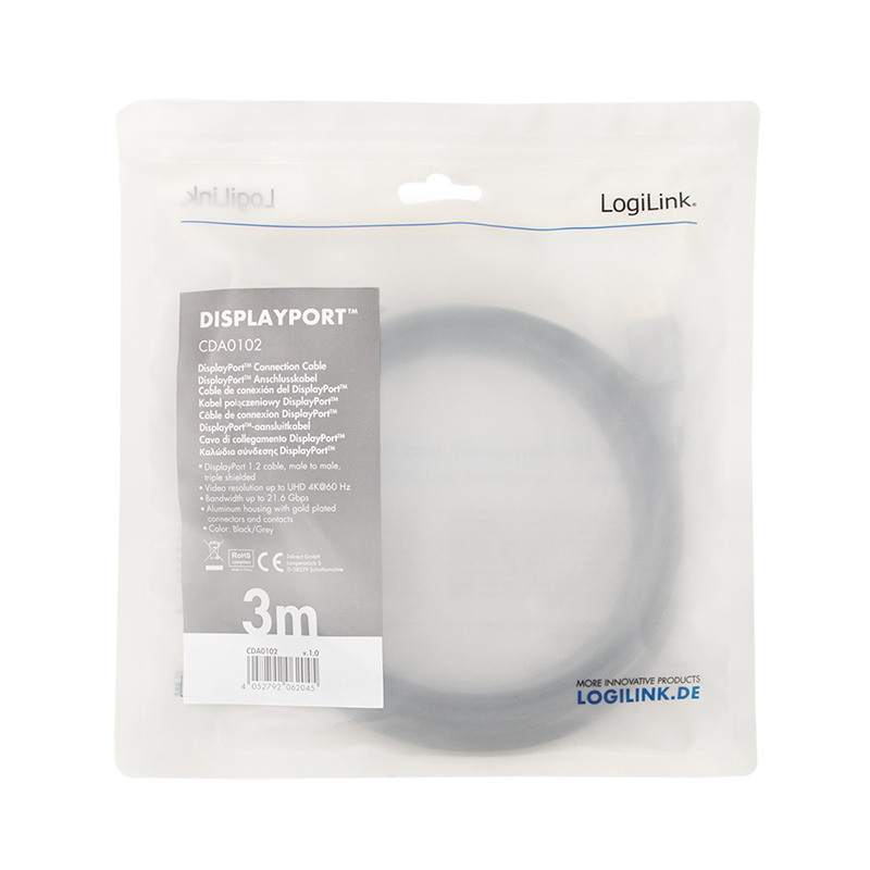 LogiLink CDA0102 DisplayPort-Kabel 3 m Schwarz, Grau