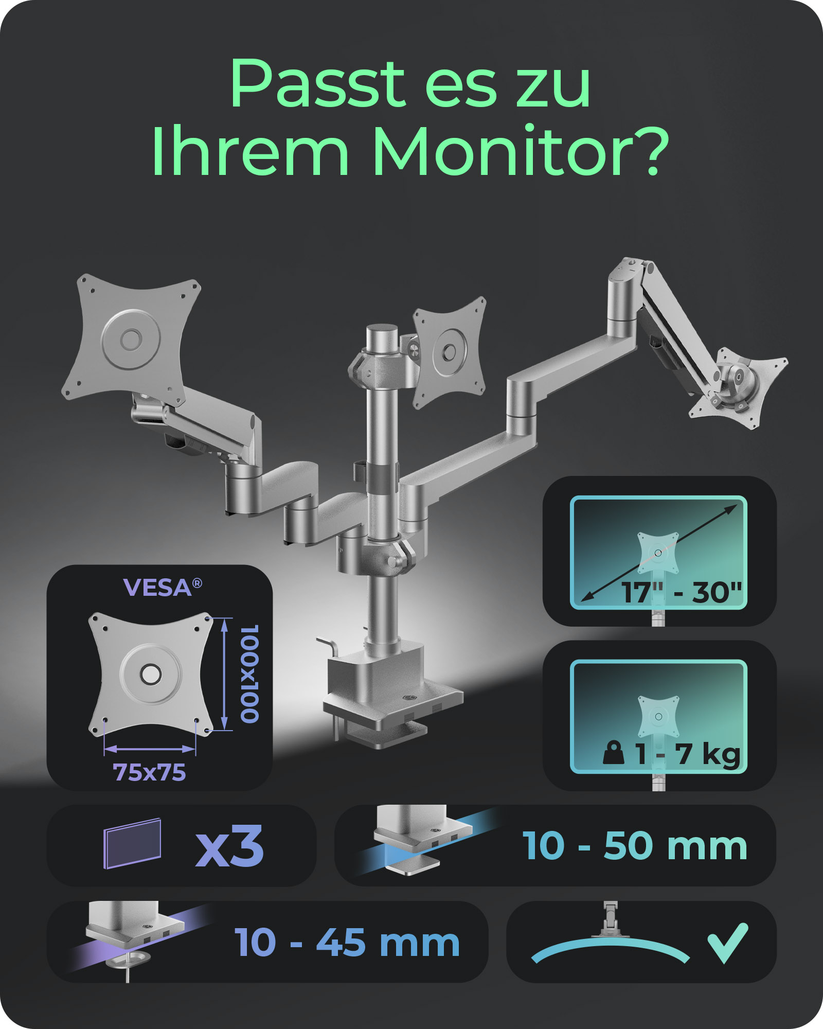 ICY BOX Monitorarm IB-MS525-T für 3 Monitore bis 30" Silber, Grau