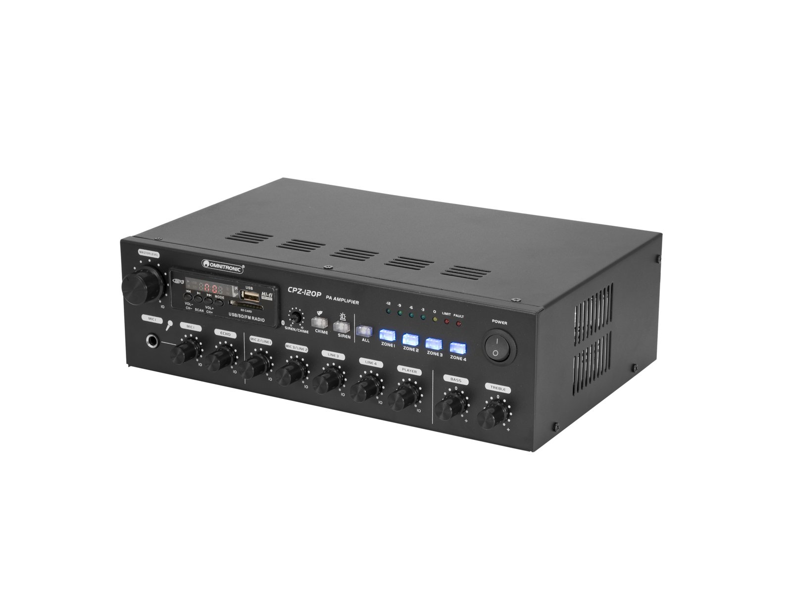 Omnitronic 80709704 4-Zonen PA Mono Mischverstärker 120 W Klasse D MP3 Bluetooth Schwarz
