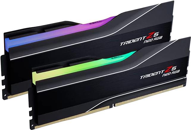 G.Skill Trident Z5 Neo RGB F5-6400J3239F24GX2-TZ5NR. Komponente für: PC / Server, Speicherkapazität: 48 GB, Speicherlayout (Module x Größe): 2 x 24 GB, Interner Speichertyp: DDR5, Speichertaktfrequenz: 6400 MHz, CAS Latenz: 32 (F5-6400J3239F24GX2-TZ5NR)