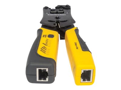 Intellinet Universal Crimpwerkzeug und Kabeltester, 2-in-1 Crimpzange und Kabelprüfer Schwarz, Gelb