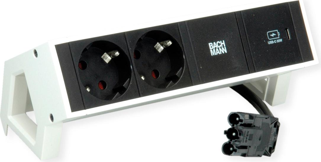 Bachmann DESK2 Steckdosenleiste Farbe weiss, ähnlich RAL9010 mit erhöhtem Berührungsschutz 2xSchutzkontaktsteckdosen schwarz 1xUSB C 30W Charger Zuleitung 0,2m H05VV-F3G1,5mm² schwarz mit GST18i3 Stecker inkl. Haltewinkel Logo verpackt im Karton (902.933)