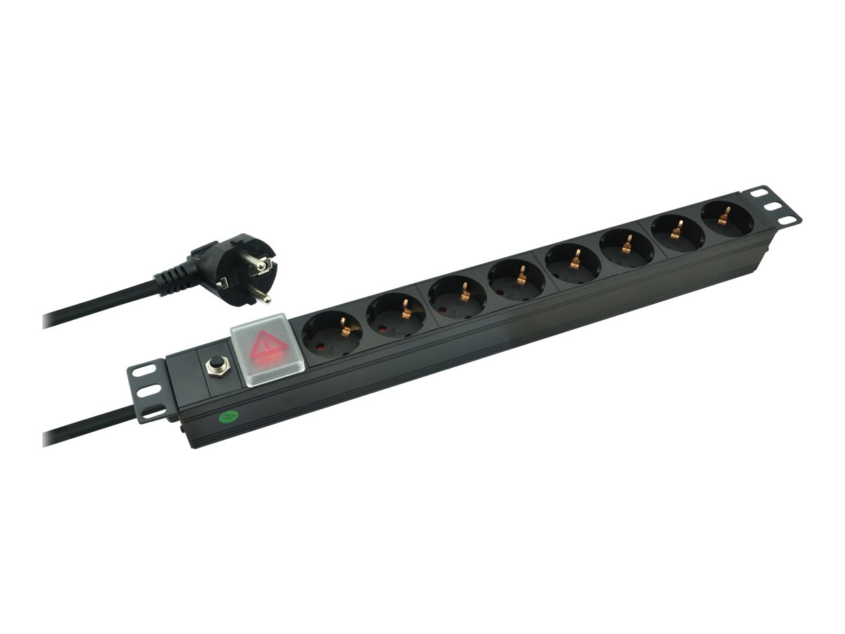 Helos PROFESSIONAL 19" PDU-Steckdosenleiste 8-fach, 250 V/16 A, 4000 W, 2,0 m, Überspannungsschutz, Schwarz