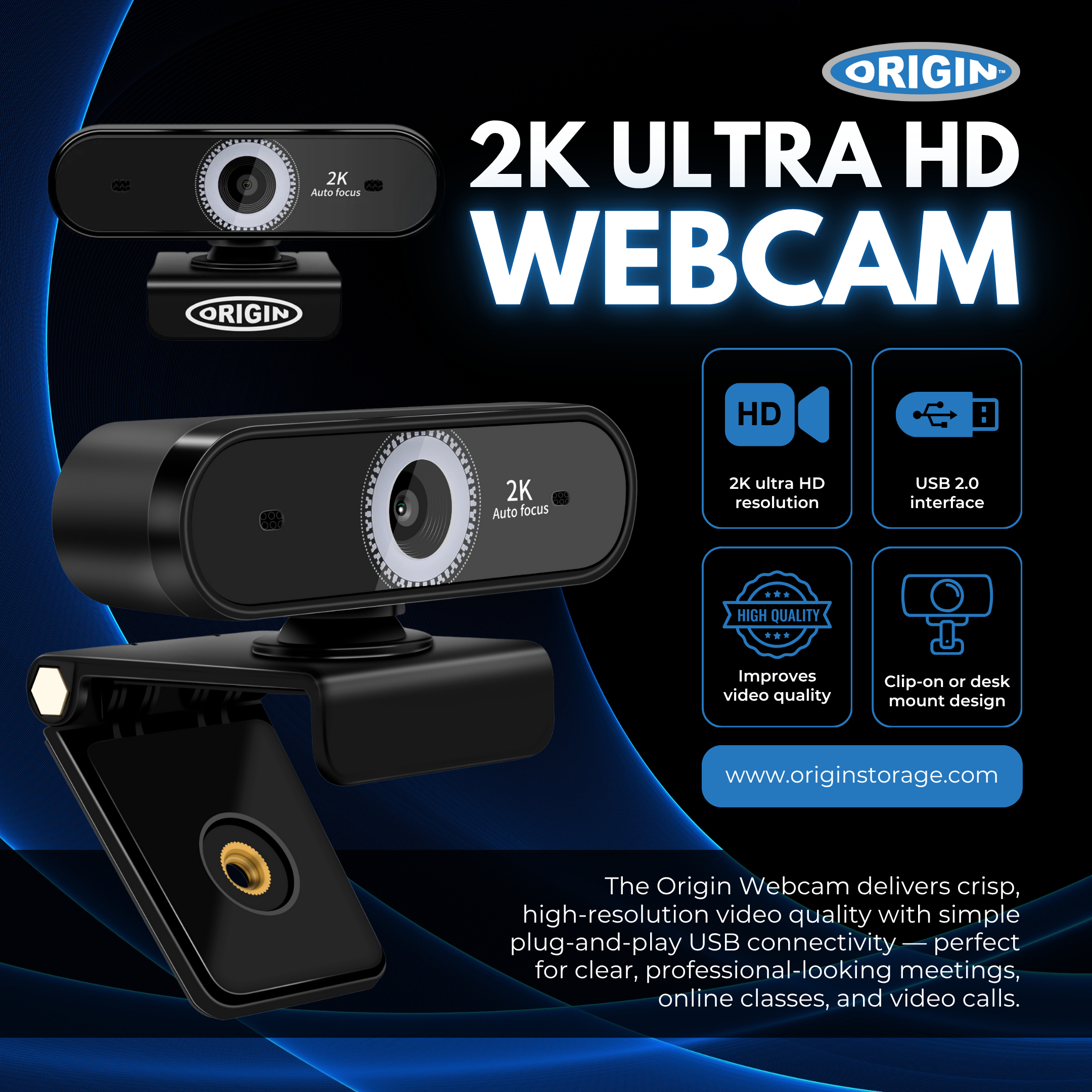 Origin Storage Webcam 2K Ultra HD 2592 x 1944 5 MP 60 fps USB 2.0 Schwarz