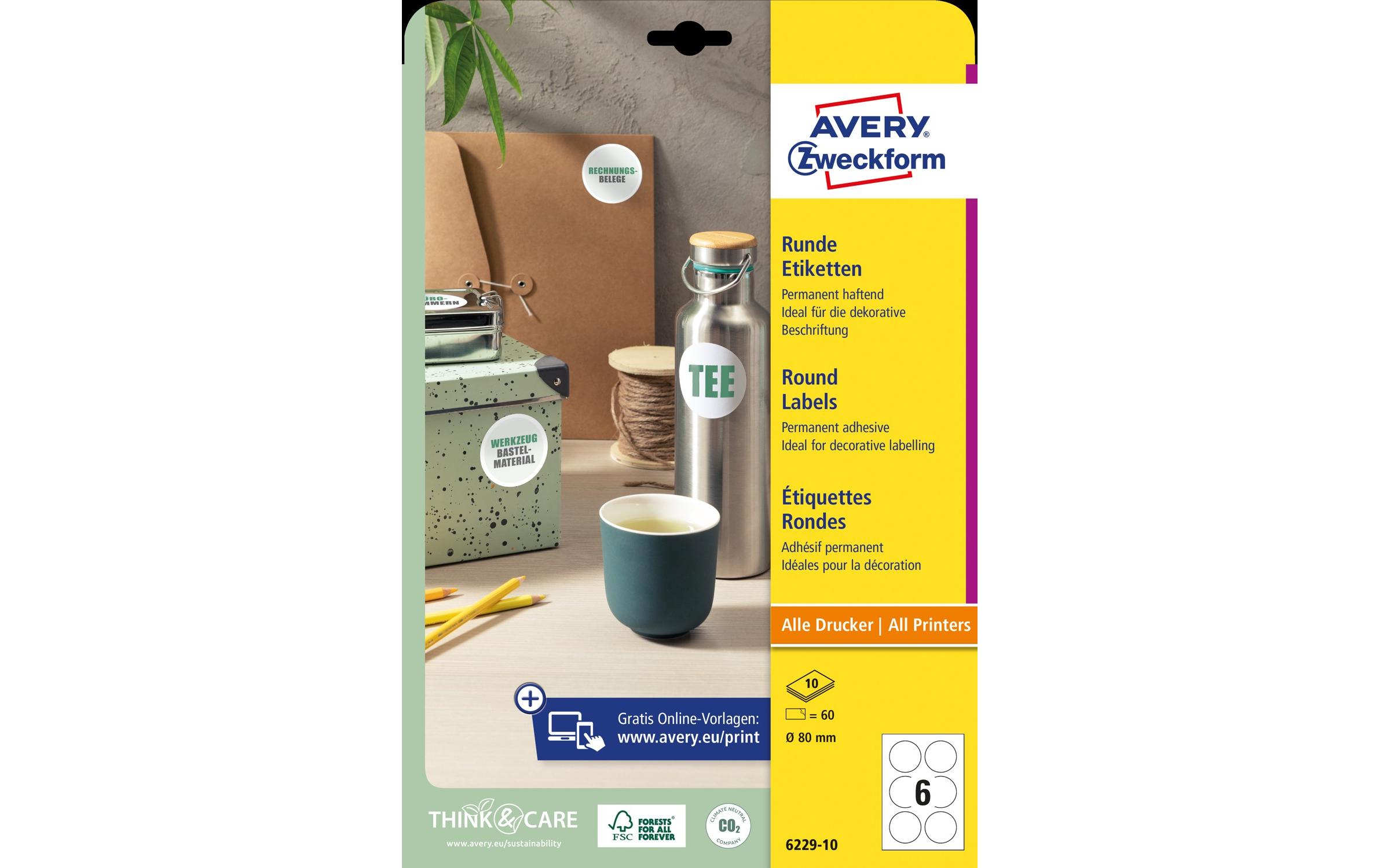 Avery Zweckform 6229-10 Etiketten Ø 80 mm Rund Permanent 60 Stück Weiß