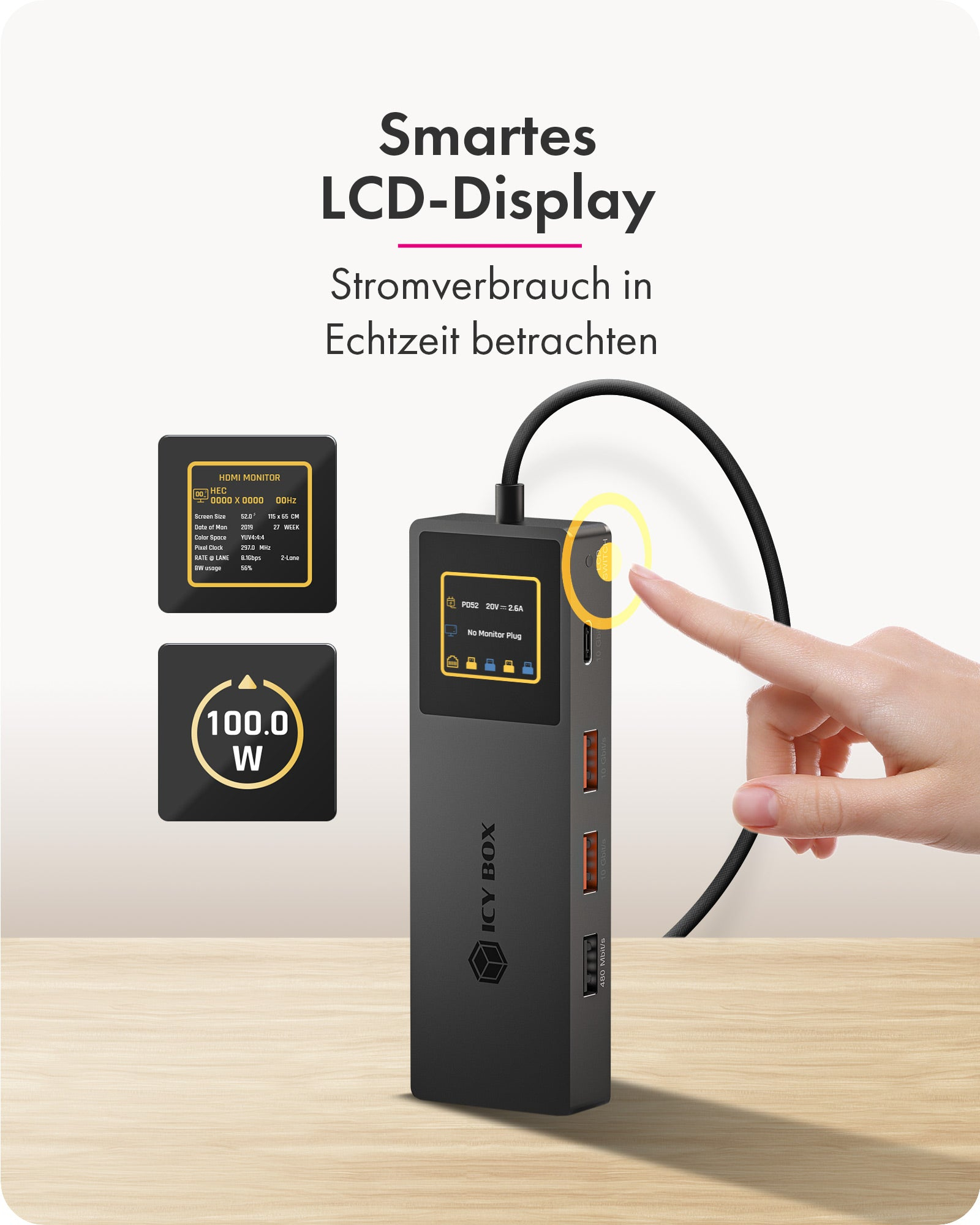 ICY BOX Spade Dock 4038 Dockingstation 7-in-1 USB-C HDMI RJ-45 100 W PD Schwarz
