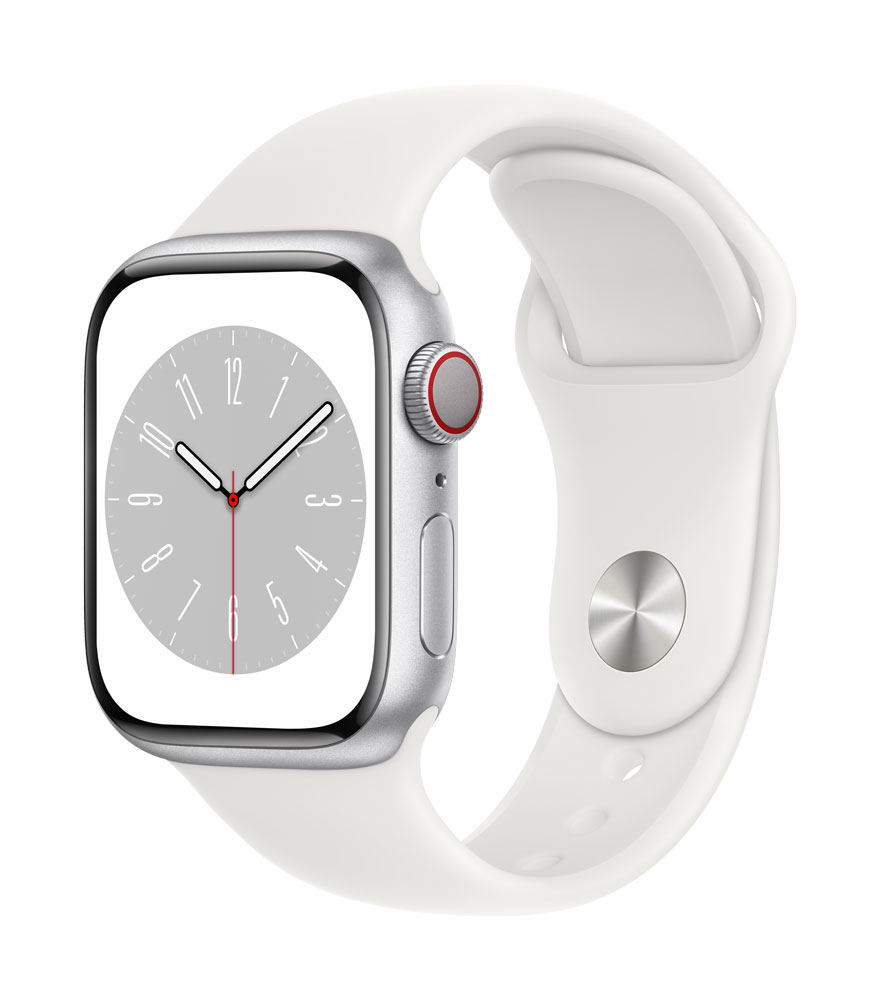 APPLE Watch Series 8 GPS + Cellular 41mm Silver Aluminium Case with White Sport Band - Regular (MP4A3FD/A)