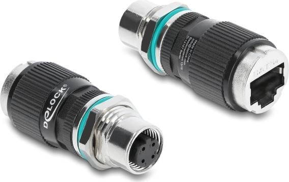 Delock M12 Adapter D-kodiert 4 Pin Buchse zu RJ45 Buchse zum Einbau rund gerade (90663)