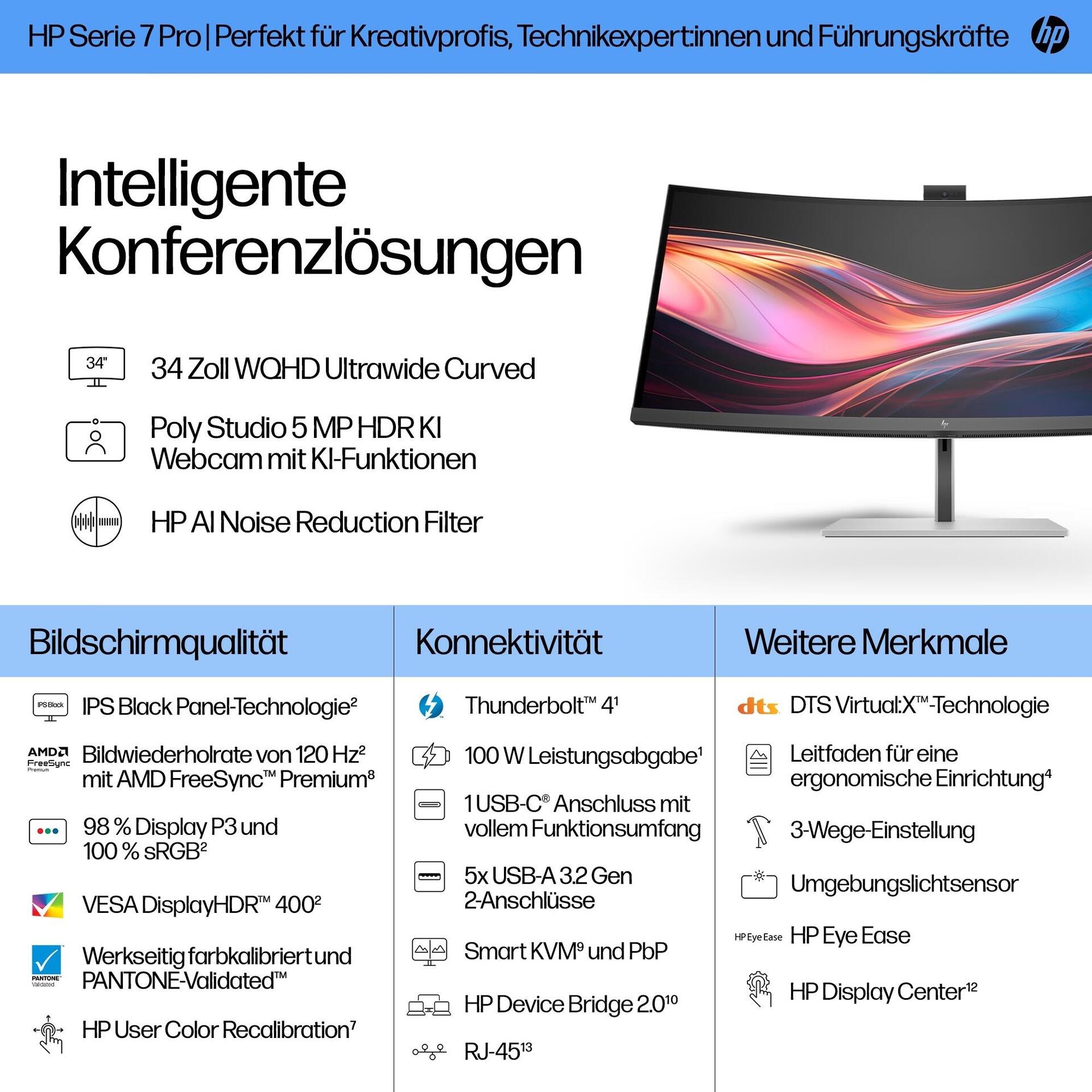 HP Serie 7 Pro 34 Zoll WQHD-Konferenzmonitor – 734pm - 86,4 cm (34") - 3440 x 1440 Pixel - Wide Quad HD - LCD - 5 ms (8K157UT#ABB)