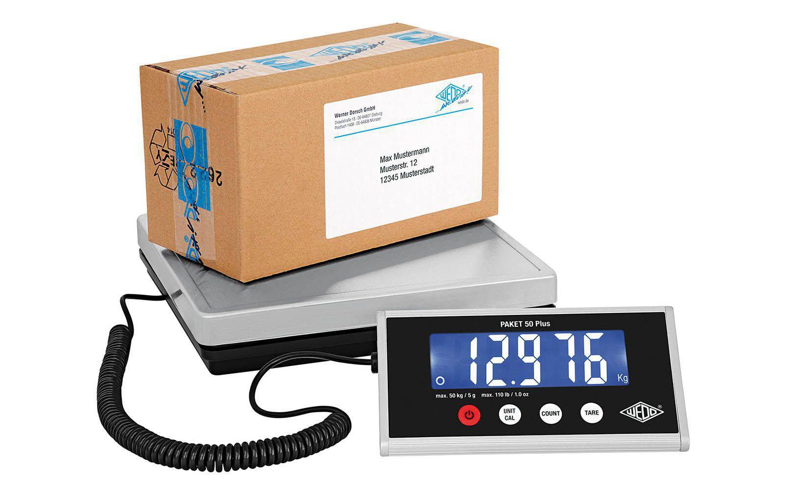 WEDO Paket 50 Plus Paketwaage 50 kg mit LCD-Anzeige Edelstahl-Wiegeteller Silber/Schwarz