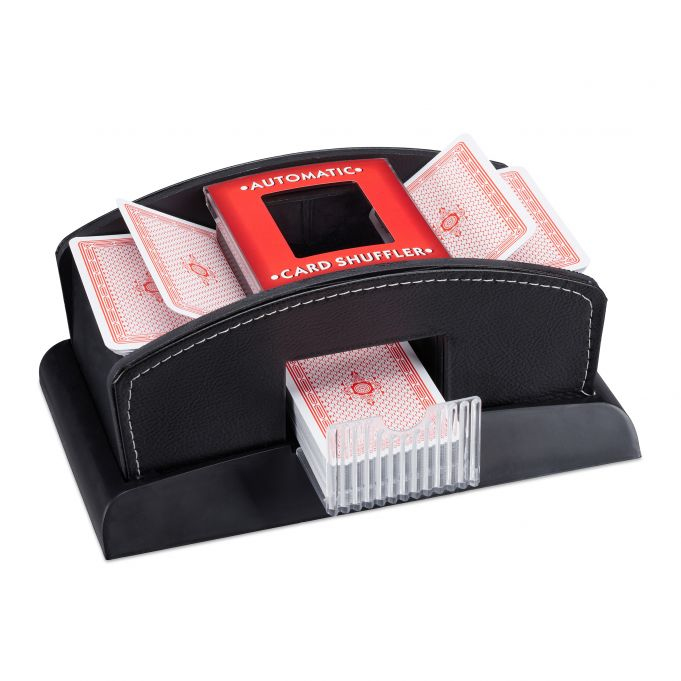 Relaxdays Kartenmischer elektrisch 2 Decks Leder Schwarz, Rot