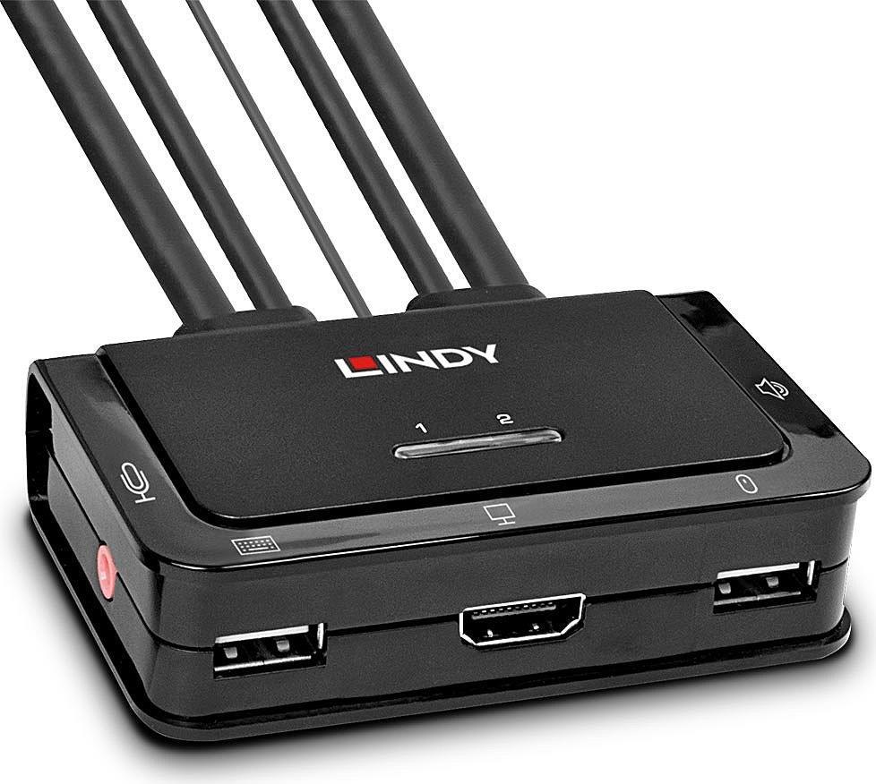 Lindy 2 Port Kabel KVM Switch, HDMI 18G, USB 2.0 & Audio Schaltet zwischen 2 HDMI-PCs mit einer einzigen Konsole aus Tastatur, Maus & Monitor (42345)