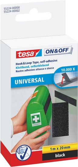 tesa Klettband, 20 mm x 1,0 m, schwarz selbstklebend, schnelles fixieren und schnelles ablösen (55224-00000-01)