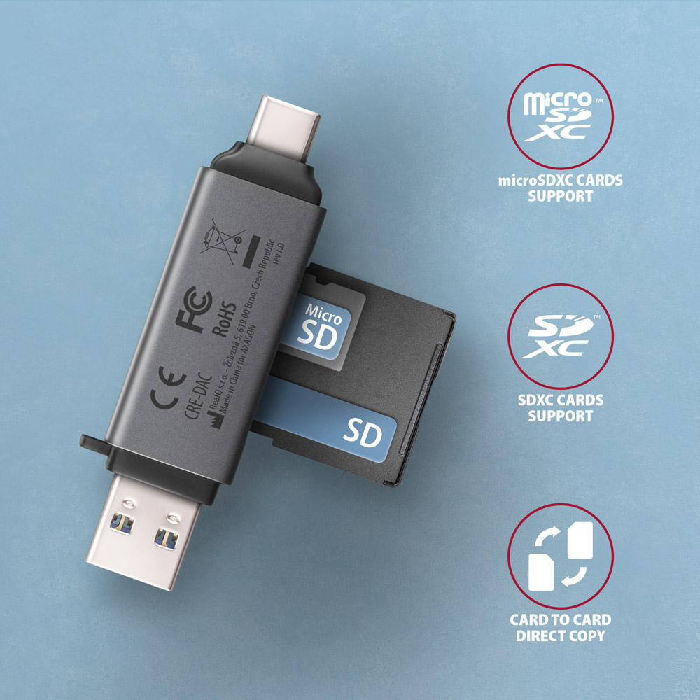 AXAGON CRE-DAC Externer USB 3.2 Gen 1 Kartenleser SD/microSD Grau