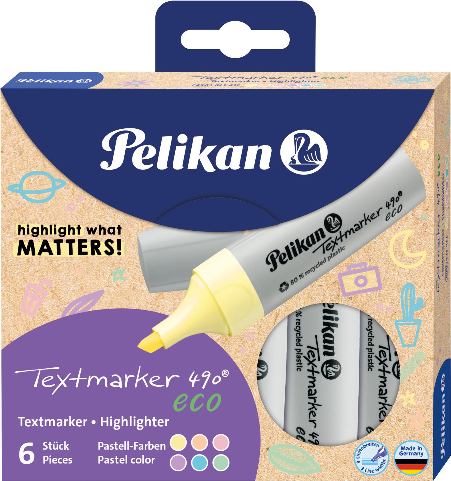 Pelikan Textmarker 490 eco. Menge pro Packung: 6 Stück(e), Schreibfarben: Mehrfarbig, Typ der Spitze: Meißel. Verpackungsart: Karton mit Aufhänger (823432)