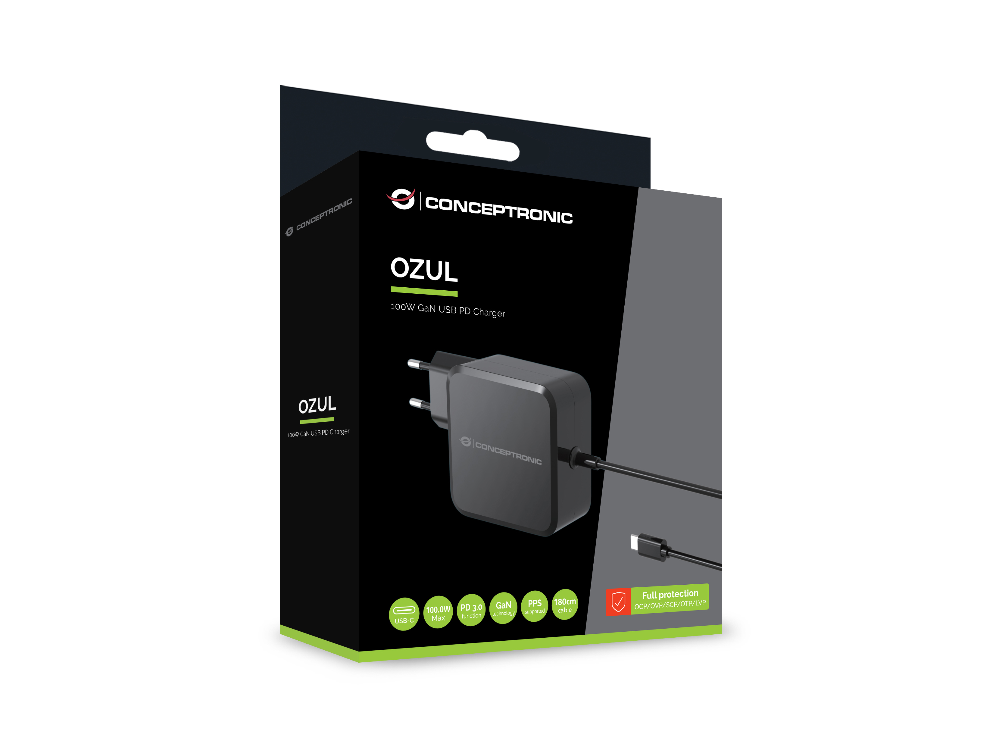 Conceptronic OZUL05BE 100W GaN USB-PD-Ladegerät mit integriertem USB-C-Kabel 20 V 1,8 m Schwarz