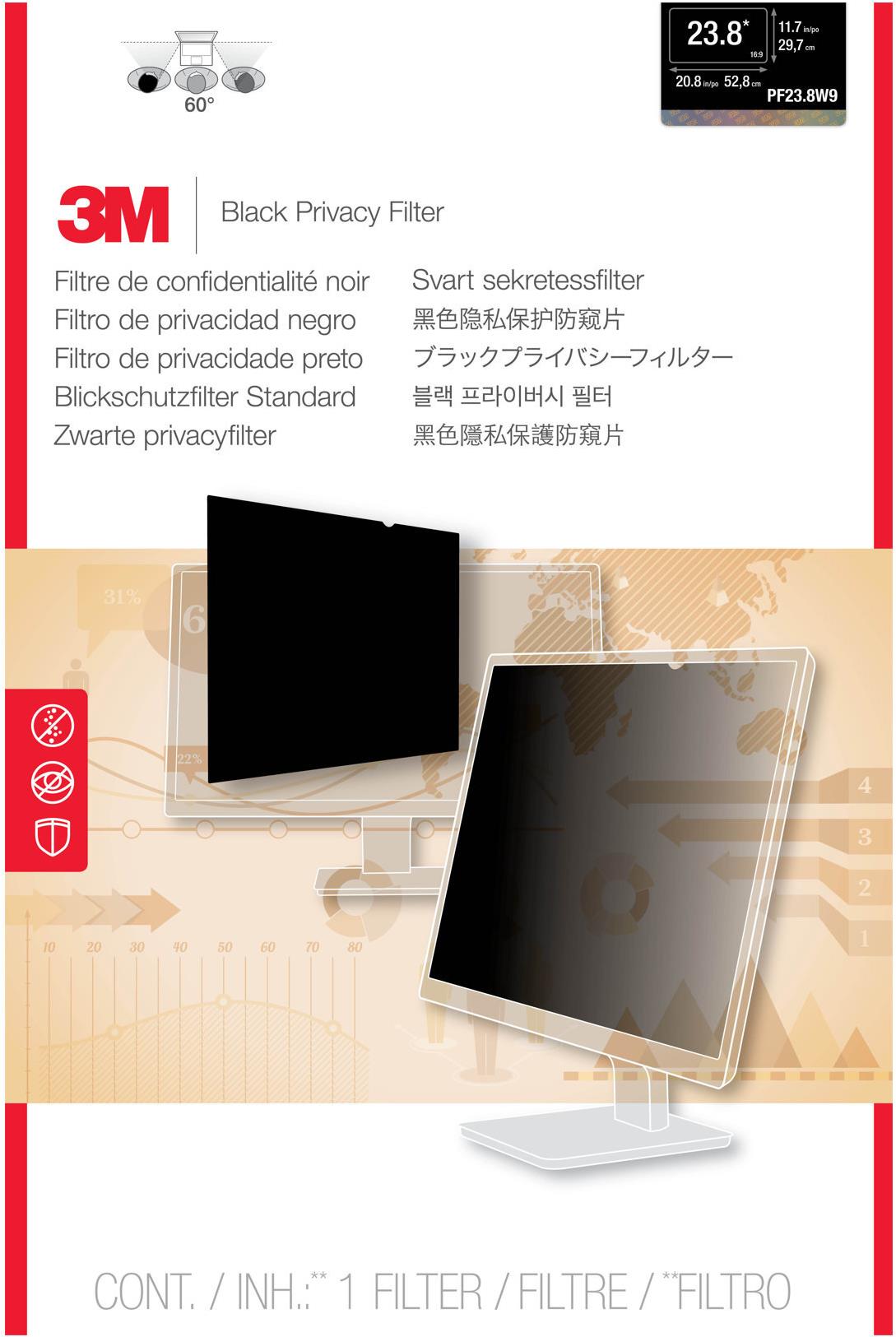 3M Blickschutzfilter PF238W9B 23,8" Rahmenlos 16:9 Schwarz