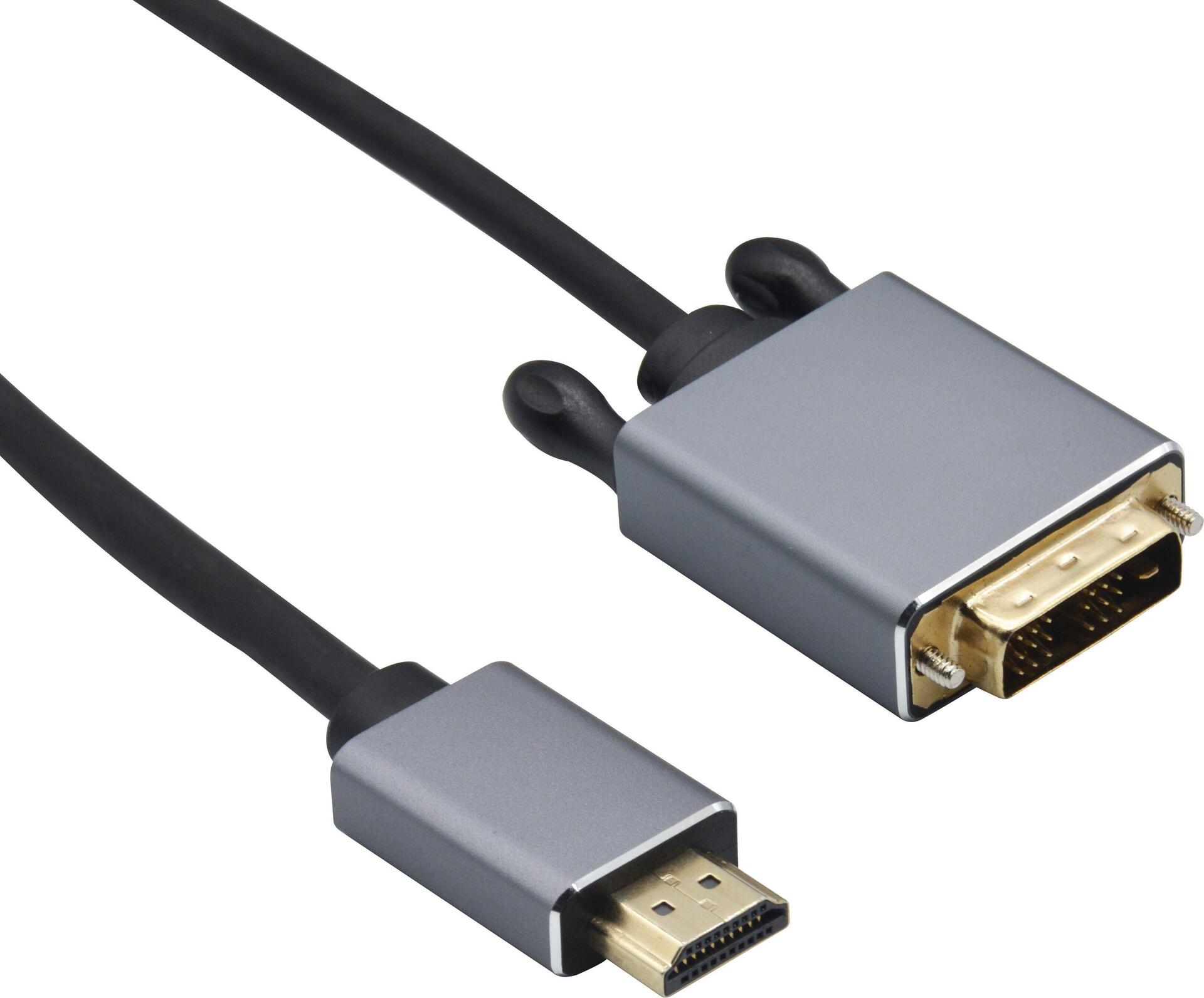 Helos Anschlusskabel, HDMI Stecker/DVI Stecker, PREMIUM 4K, 3,0m, schwarz HDMI 1.4 St./ DVI-D single link 18+1 St. , PREMIUM , TPE Außenmantel - hochflexibel , Aluminium-Gehäuse , 3840 x 2160 @ 60 HZ , vergoldete Kontakte , ULTRA HD 4K , ROHS 2.0 und REACH-konform , Farbe: schwarz (288692)