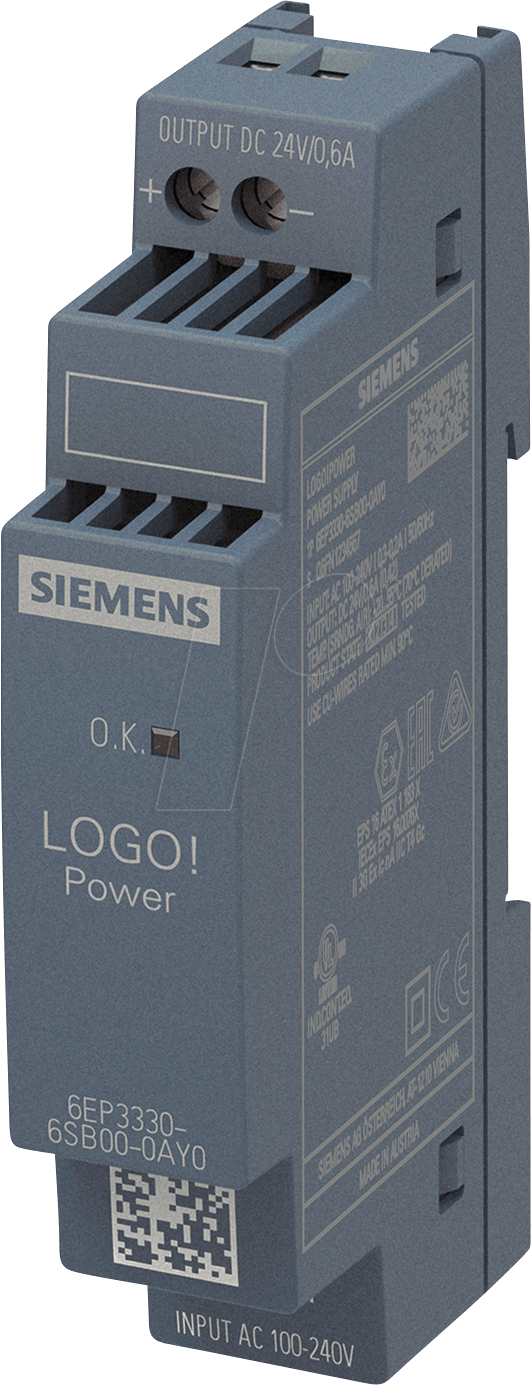 Siemens 6EP3330-6SB00-0AY0. Stromversorgung: Innenraum, Produktfarbe: Mehrfarbig, Ursprungsland: Österreich. Gewicht: 100 g. Verpackungsbreite: 67 mm, Verpackungstiefe: 36 mm, Verpackungshöhe: 96 mm (6EP33306SB000AY0)
