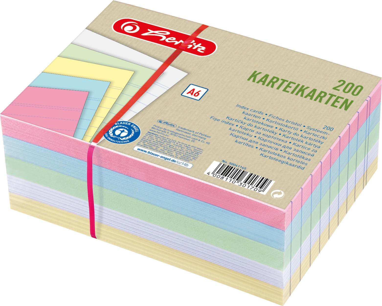 Herlitz Karteikarte A6 liniert farbig sortiert 4 Farben plus weiß Blauer Engel 200er (50041145)