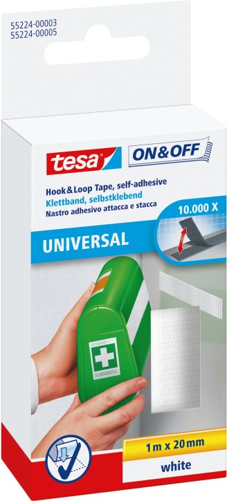 tesa Klettband, 20 mm x 1,0 m, weiß selbstklebend, schnelles fixieren und schnelles ablösen (55224-00003-00)