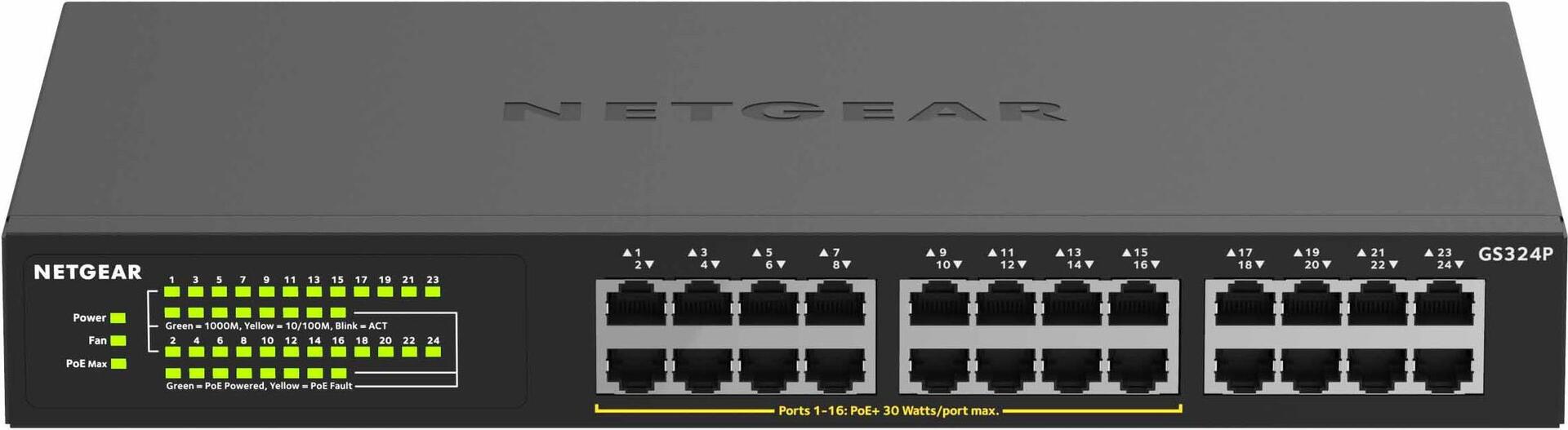 Netgear GS324P Unmanaged Gigabit Ethernet (10/100/1000) Schwarz 1U Power over Ethernet (PoE) (GS324P-100EUS)