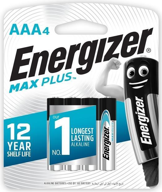 Energizer MAX Plus AAA. Akku-/Batterietyp: Single-use battery, Batteriegröße: AAA, Batterietechnologie: Alkali. Höhe: 44,5 mm, Durchmesser: 1,05 cm, Gewicht: 11,5 g. Verpackungsart: Sichtverpackung (E303320600)