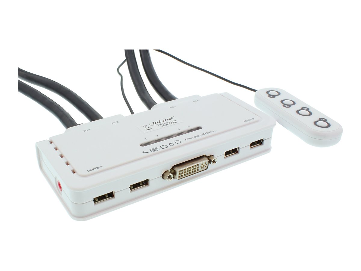 InLine KVM-Switch, 4-fach, DVI-D, USB 2.0, mit Audio und integrierten Kabeln, Weiß